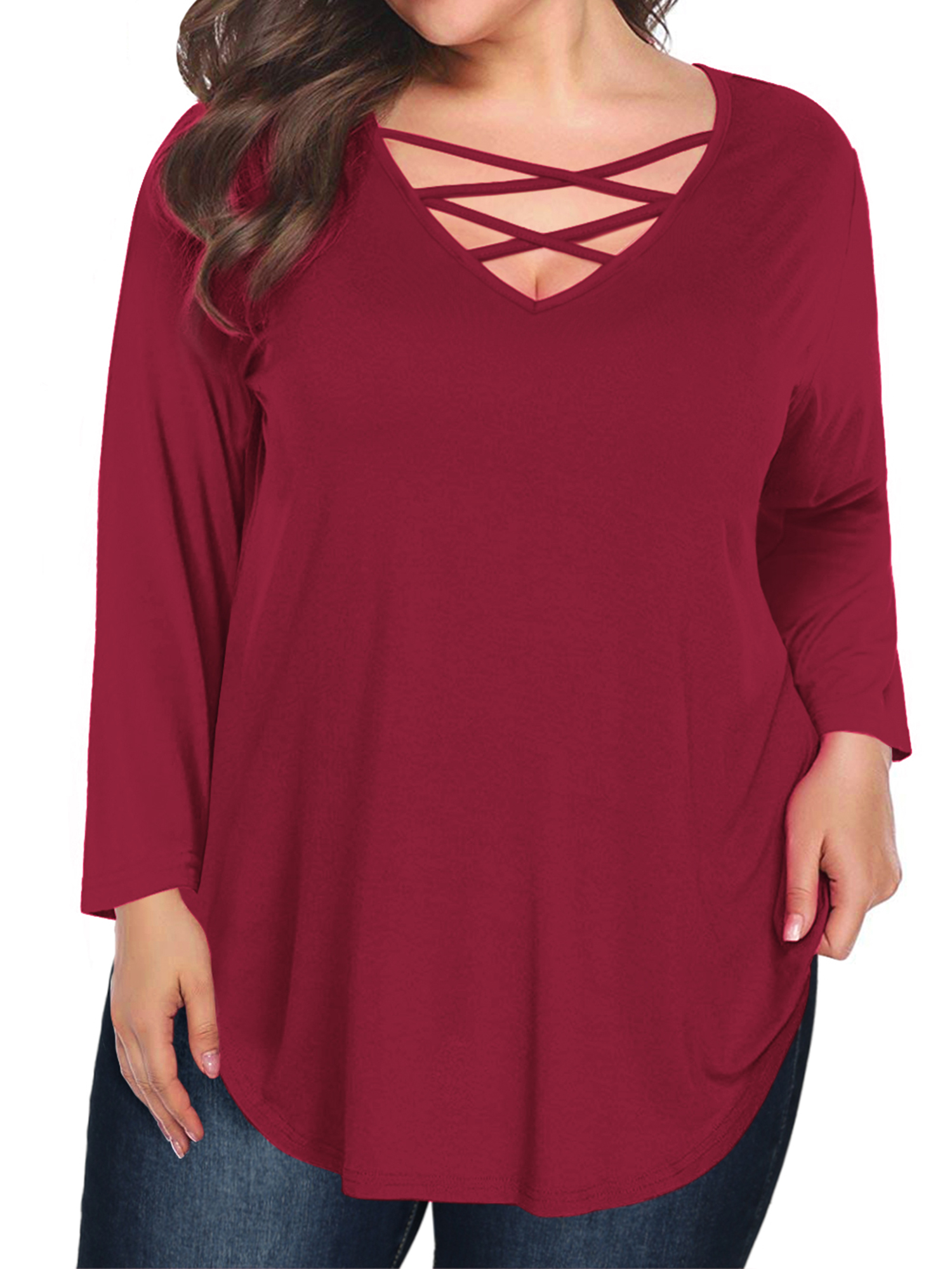JYLFC Womens Plus Size T-shirts Criss Cross Neck Long Sleeve Shirts, Burgundy 2XL